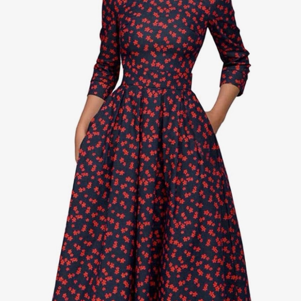 Navy Red Floral For & Flare Dress Size M Pockets Retro Vintage Inspired